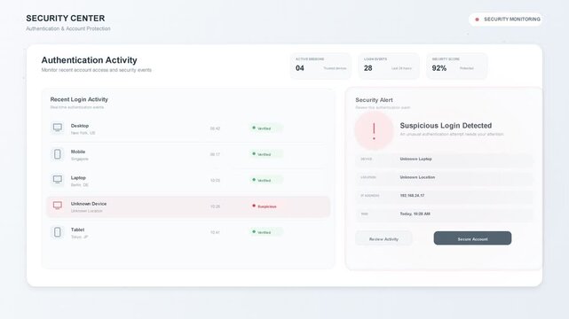 Cybersecurity Dashboard Monitoring Authentication Activity and Threat Alerts
