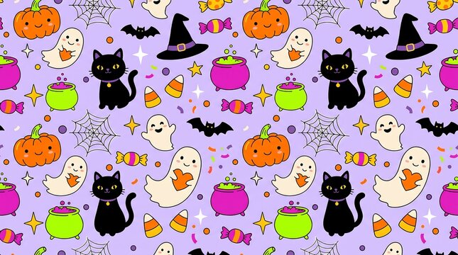 Cute Halloween seamless pattern with black cats and pumpkins, spooky magic witch element background, pastel purple holiday wallpaper design