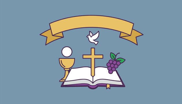 Religious first holy communion symbols featuring a bible book, gold cross, chalice, host, dove, and grape branch.