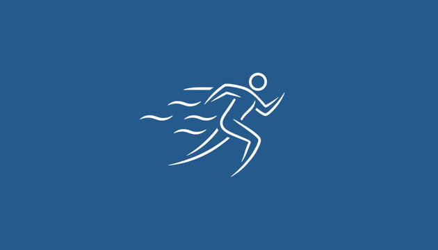 Minimal line art illustration of a dynamic running human figure in speed motion over dark blue ocean background.
