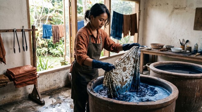 Indonesian artisan dyes wax-resist cloth in indigo
