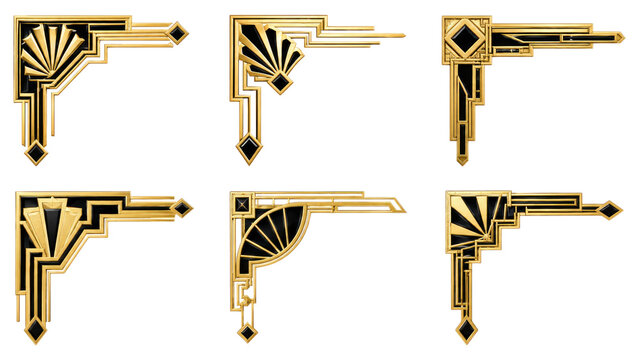 Set of six gold and black Art Deco corner ornaments and decorative frame elements