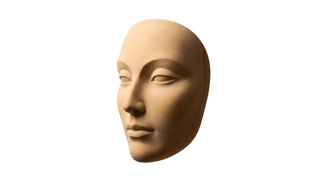 Close-up of a classical style human face mask or sculpture with idealized features on a white background.