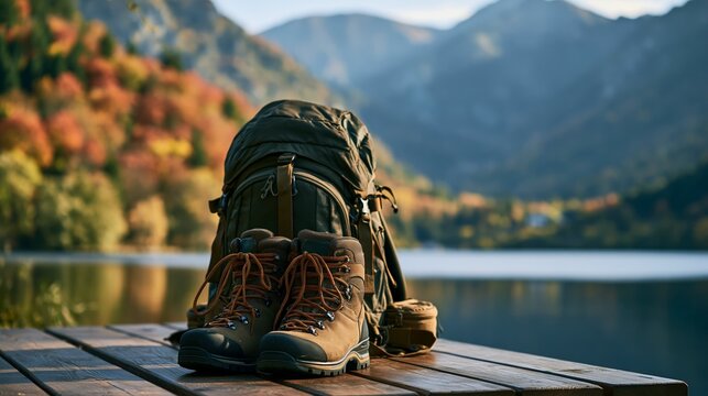 a pair of hiking boots and a large backpack placed on a wooden dock. The boots are brown with orange laces and appear to be made of leather.