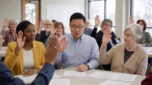 Diverse adults discussing documents around a table as participants raise hands and take notes during an inclusive community meeting in bright classroom setting