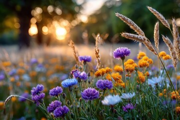 Obraz premium Golden Hour Wildflowers and Wheat Stalks
