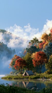 a serene lakeside scene during autumn. The main subject is a tranquil lake surrounded by lush greenery, with a tent set up on the shore. The trees are adorned with vibrant autumnal colors.