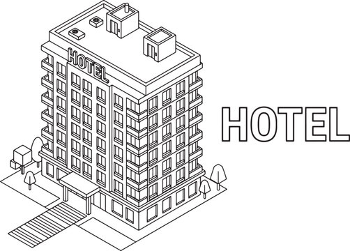 Isometric hotel building exterior line art illustration for architectural project and travel industry website design asset
