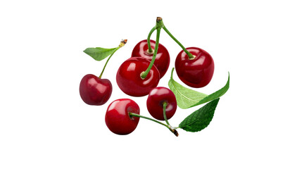 Obraz premium Fresh red cherries with green leaves isolated on white background, juicy sweet sweet-cherry fruit photo, organic berry crop
