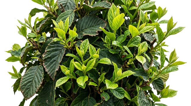 Close-up of a vibrant green plant with fresh new leaves and darker mature foliage against a white background.