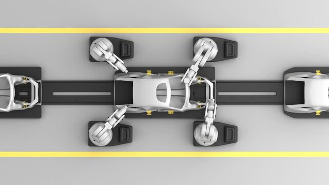 Top view stylized 3D animation of welding robots on an assembly line working on a car frame