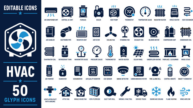 HVAC fill icon set with air conditioning ,flames, solar, heating, thermostat, cooling, energy, ventilation, control, climate, equipment, and service glyph icons.