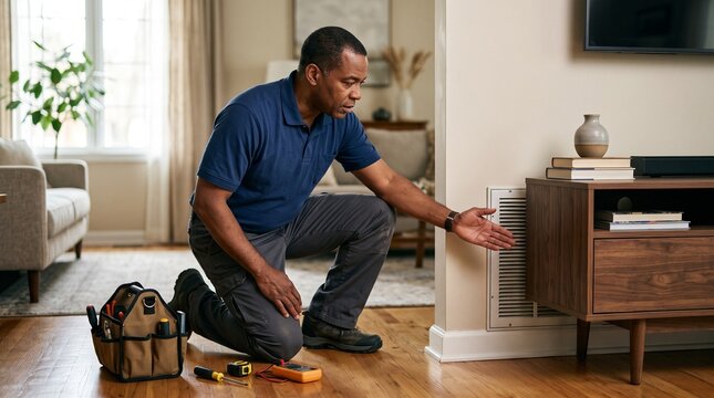 HVAC technician assessing a blocked wall vent at home