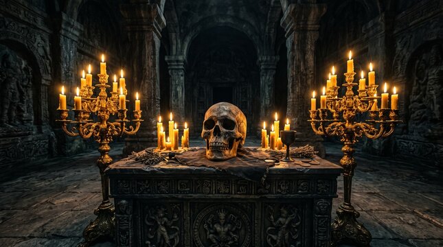 A human skull sits on a stone altar surrounded by lit candles in a dark temple with golden candelabras dimly skull rests ornate