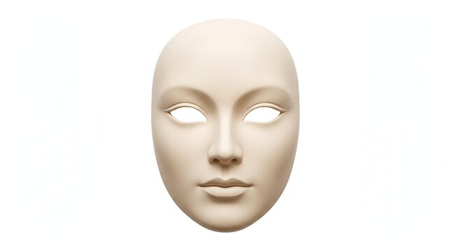 A plain, featureless white blank face mask on a clean white background, symbolizing anonymity or a blank canvas.