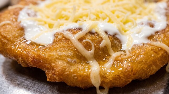 Golden langos with melting cheese macro detail