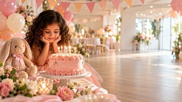 Young girl celebrating birthday beside candlelit cake at decorated party venue. Pink birthday cake and plush bunny. Childhood milestone, family celebration and festive event. Copy space.