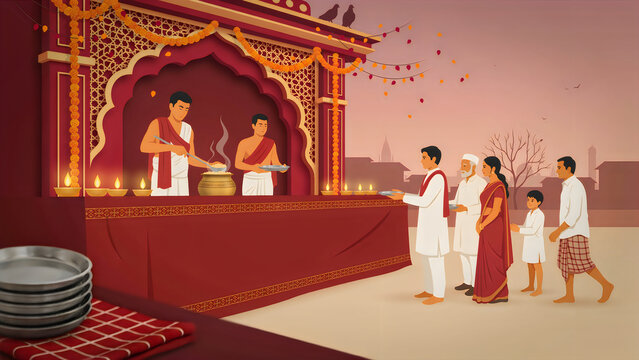 Indian devotees receiving blessed food from priests at a temple during a festival celebration with soft ambient light