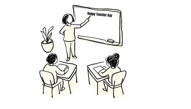 Happy Teacher Day classroom illustration, teacher pointing at whiteboard drawing, line art education vector, student learning concept