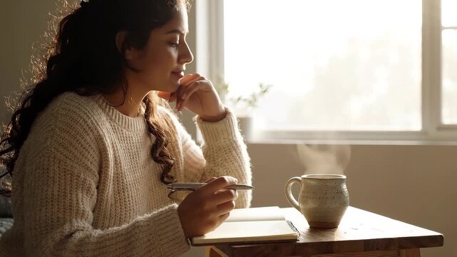 Young woman writes in notebook at sunlit wooden table, then pauses with pen in hand beside ceramic mug in cozy home interior