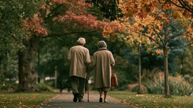 an elderly couple walking handinhand down a paved path in a park during autumn. The man, on the left, wears a beige jacket and dark trousers.
