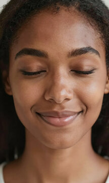 photograph african american woman face chest showcasing closed eyelids soft smile gentle diffused