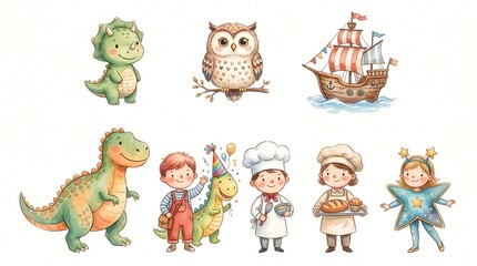 Obraz premium Watercolor Set of Cute Children's Characters