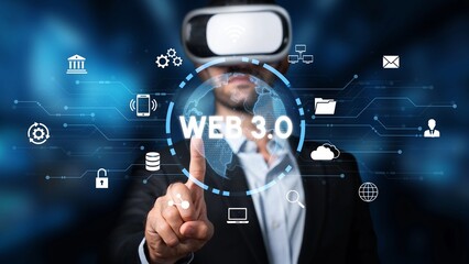 Fototapeta premium Man in Virtual Reality Headset Interacting with Digital Web 3.0 Interface and Technology Icons in a Futuristic Environment. Entropy.