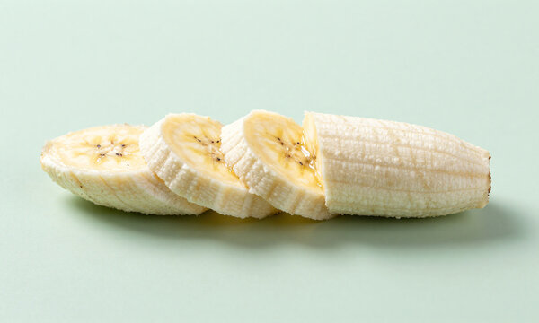 lengthwise cut banana laid soft pastel mint surface consisting three horizontal slices natural light casting gentle