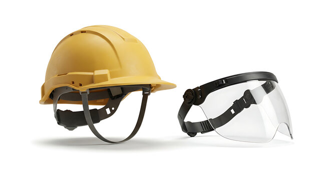 Yellow safety hard hat and transparent plastic face shield for industrial