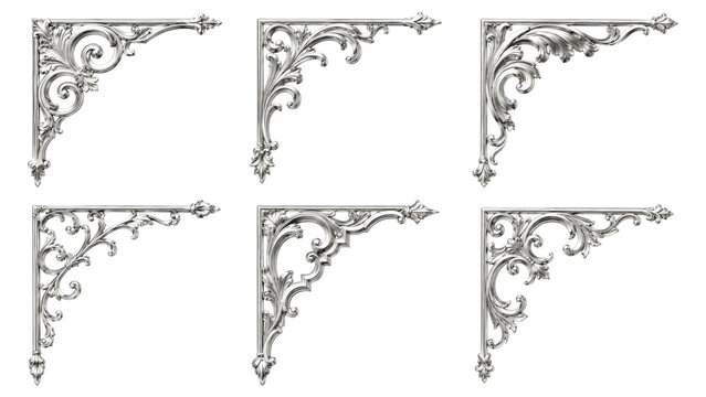 Six ornate silver decorative corner ornaments in baroque/rococo filigree style, isolated on a transparent background