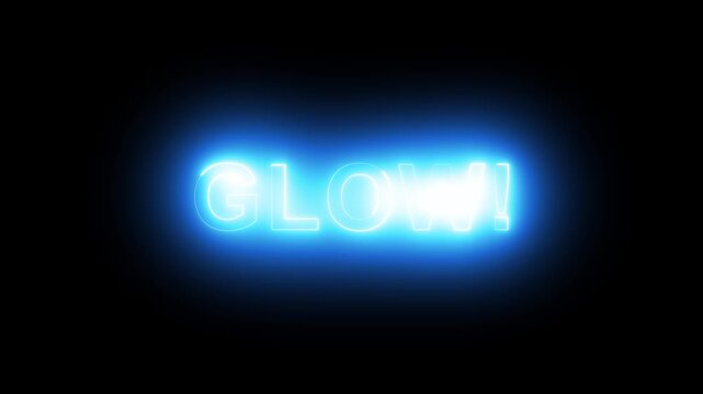 Bright blue neon sign animation spelling "glow!" with dynamic pulsing light and shimmering glow effects on a solid black background