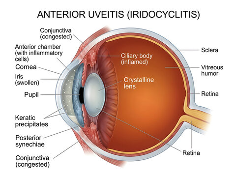 Anatomy diagram of anterior uveitis iridocyclitis in the human eye isolated on white background