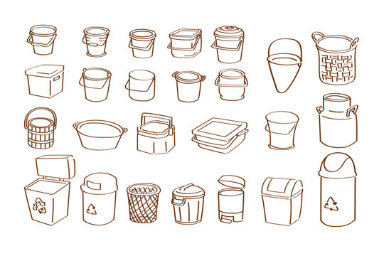 Buckets trash cans and container doodle outline vector set