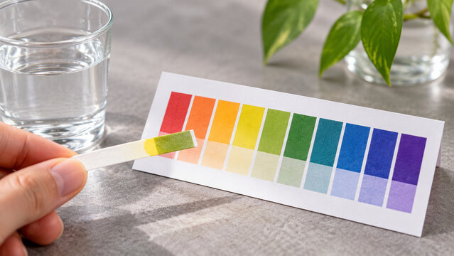 Color comparison chart with pH strip and glass of water  