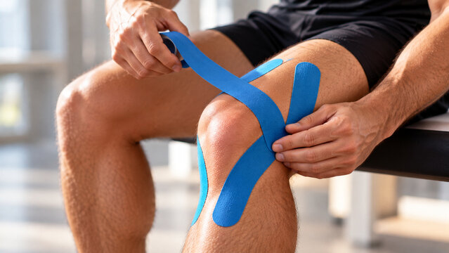Man applying blue sports massage tape on his knee while sitting  