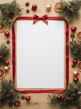Blank letter to Santa surrounded by festive decorations and greenery  
