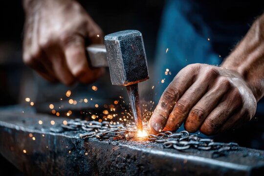 Craftsman shapes metal with hammer in a forge, creating sparks and chains