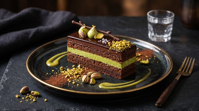 A gourmet chocolate and pistachio layered cake served on a dark slate plate.