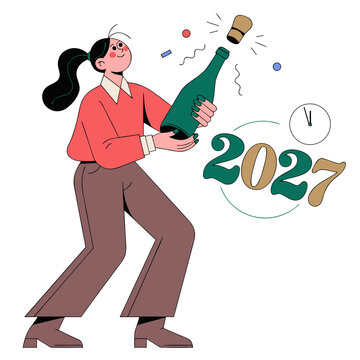 Woman opening champagne bottle at New Year 2027 celebration, festive midnight party concept in flat vector style