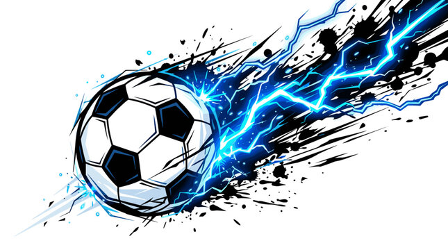 Soccer ball with blue lightning and black ink splash on white background