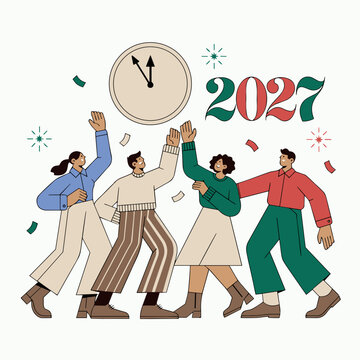 Friends dancing together at midnight during New Year 2027 celebration, joyful holiday party concept in flat vector style