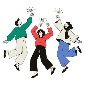 Friends jumping with sparklers during New Year celebration, joyful holiday party and friendship concept in flat vector style