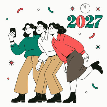 Friends taking selfie at New Year 2027 celebration, cheerful holiday party concept in modern flat vector style
