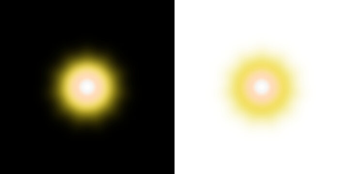 Glowing yellow sun and bright light flare isolated on black background 3500*3500 px