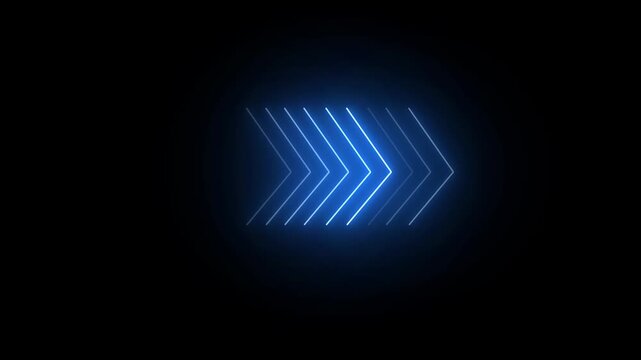 Glowing blue neon arrow sign on dark background an in light isolated on a black light direction navigation motion