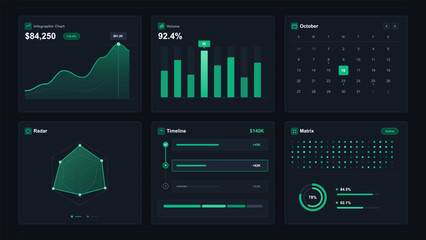 Naklejka na ściany i meble Dark vector dashboard interface displays charts calendar timeline and data metrics