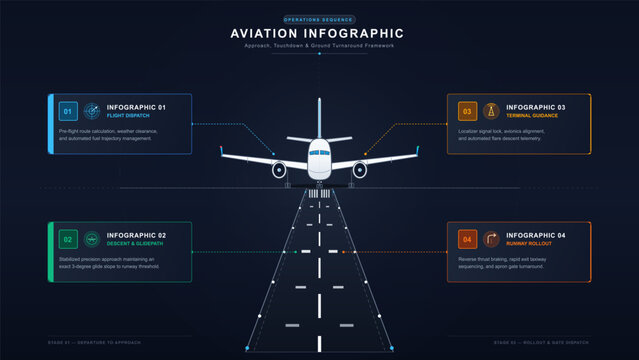 Vector aviation infographic shows an airplane approaching a runway for landing