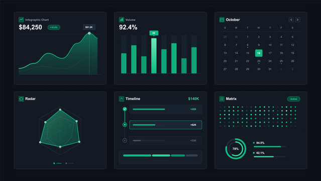 Dark vector dashboard interface displays charts calendar timeline and data metrics