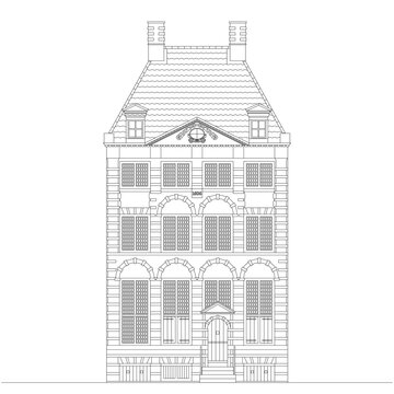 Rembrandt House in Amsterdam, stylized line art drawing on a white background, vector illustration.